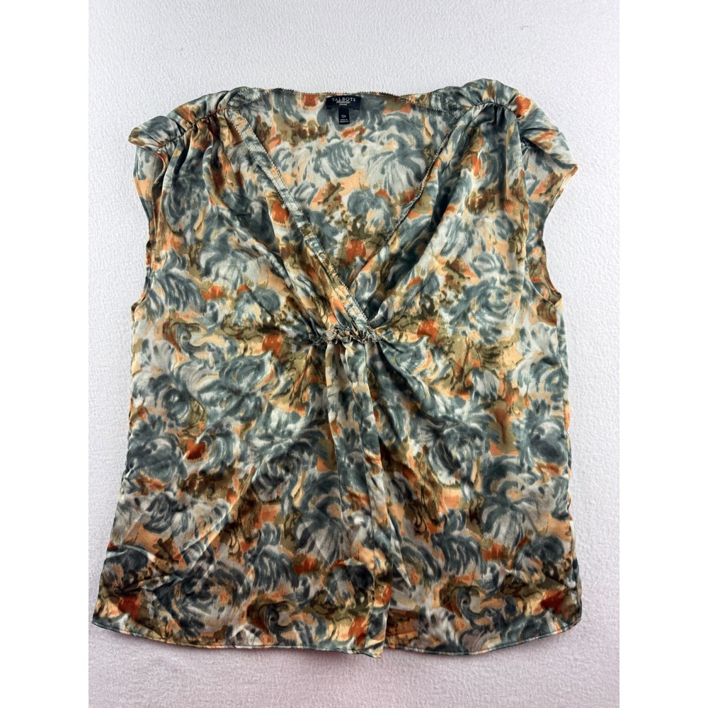 Talbots Petites Floral V-Neck Sleeveless Blouse Green Orange 12P Business Casual